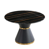 Marble Printed Round Dining Table - Black Columnar Base With Gold Annulus Not Including Chairs - Black