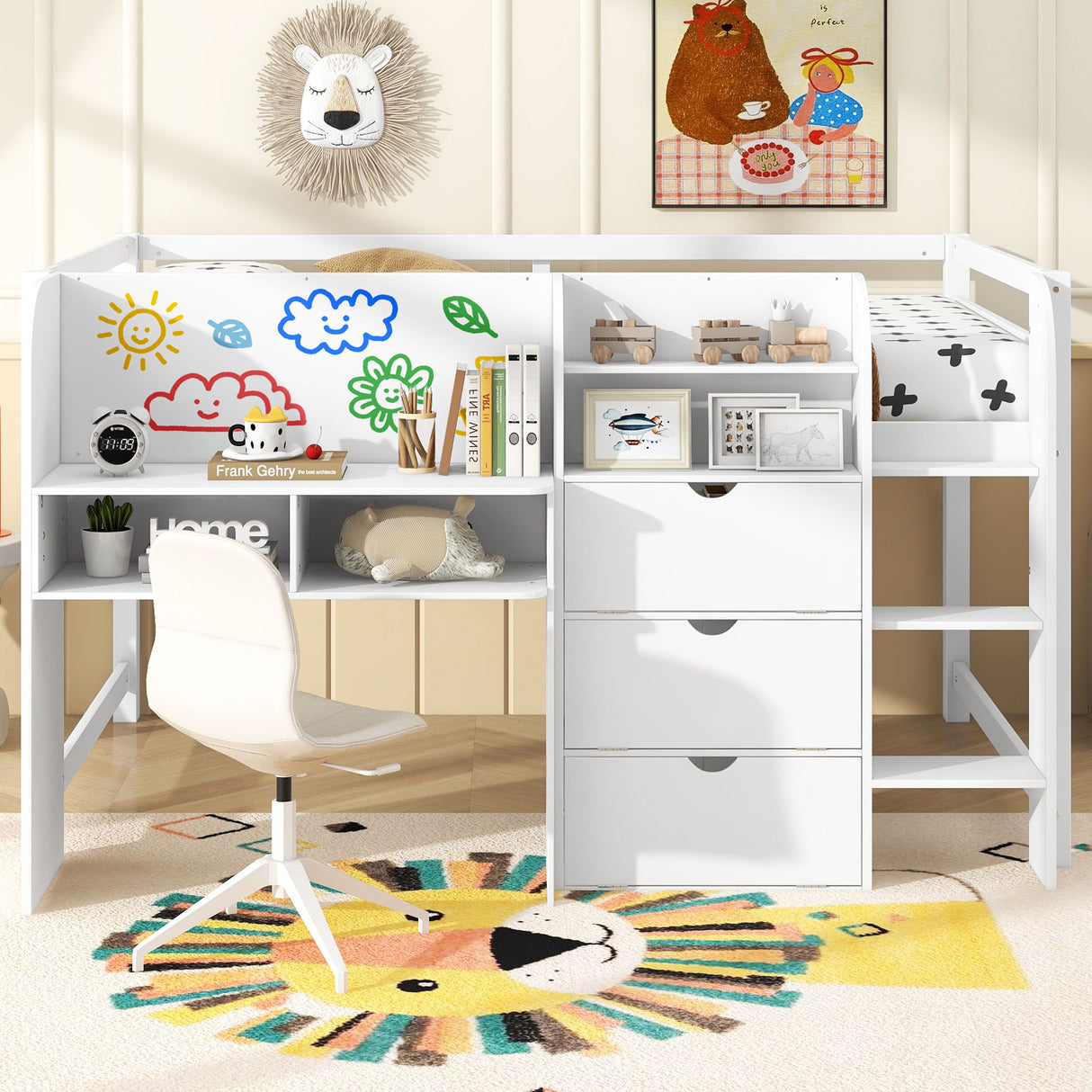 Low Loft Bed With Built In Desk, Storage Cabinets, Open Bookcase And Doodle Blackboard