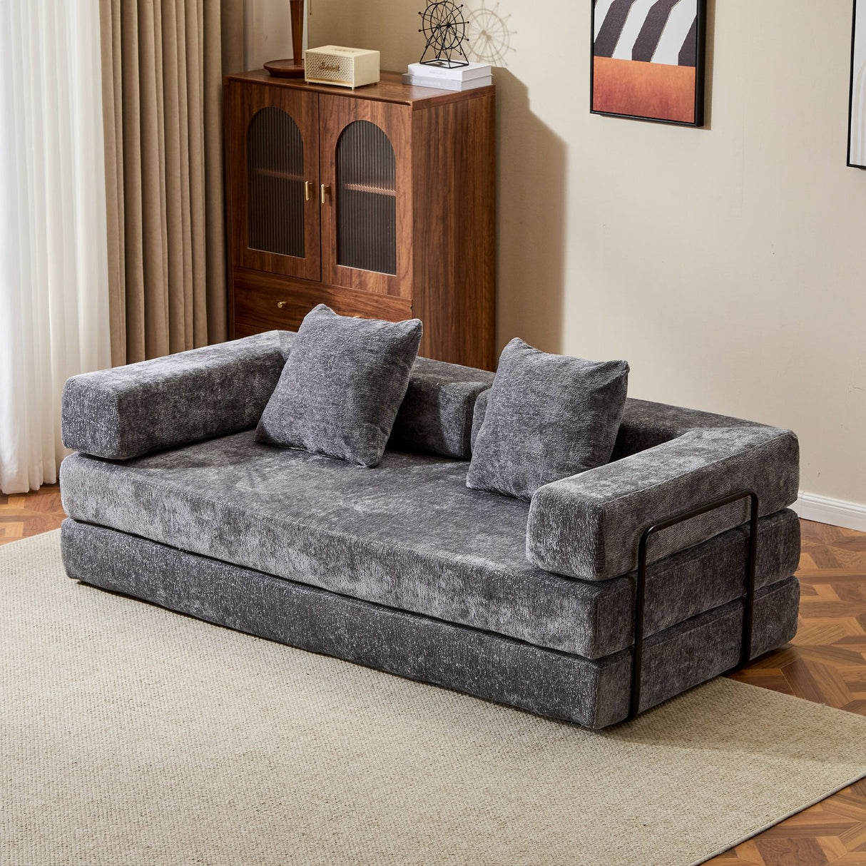 Convertible Floor Sofa Bed With Pillow Back Support Armrest