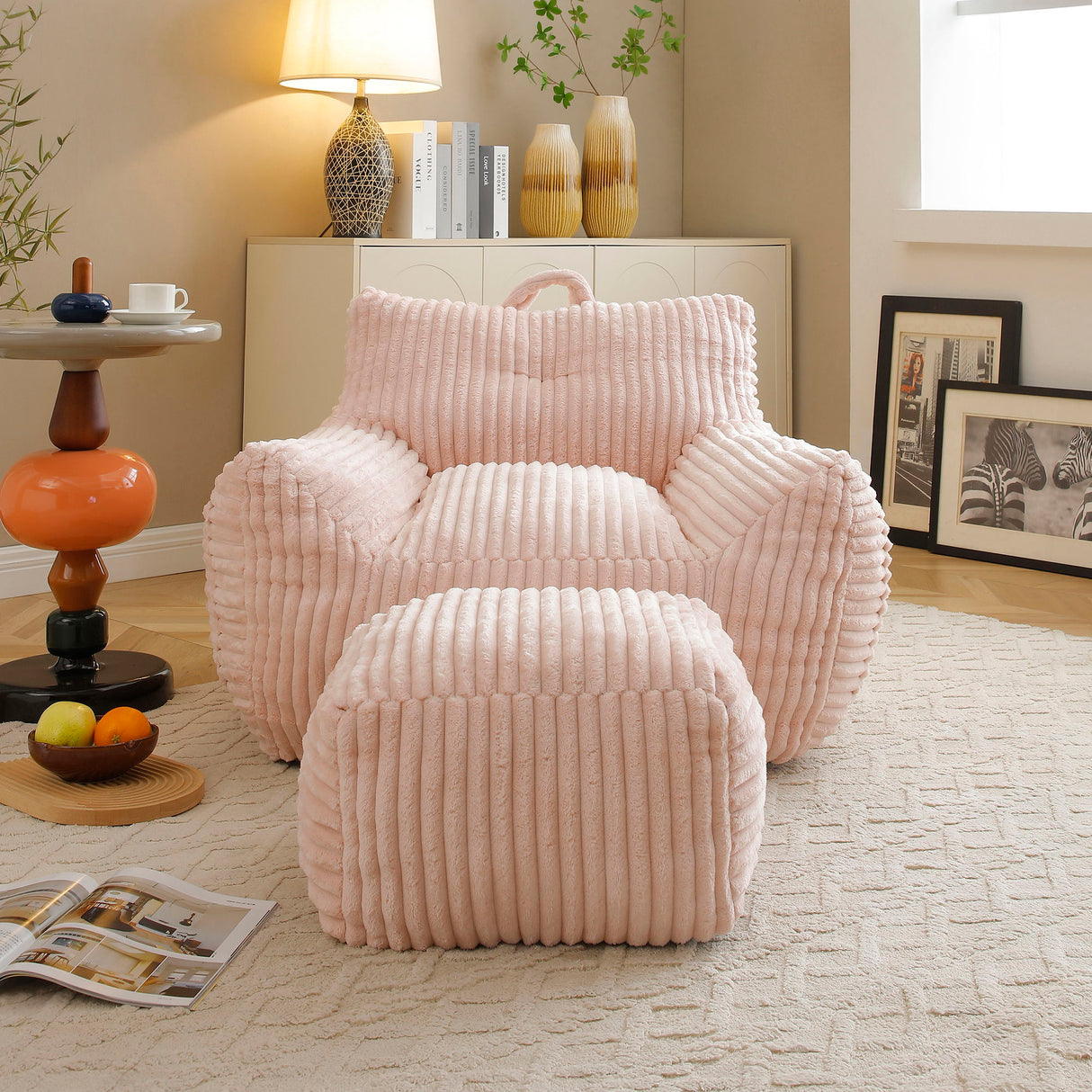Giant Plush Bean Bag Chair With Armrests And Footstool