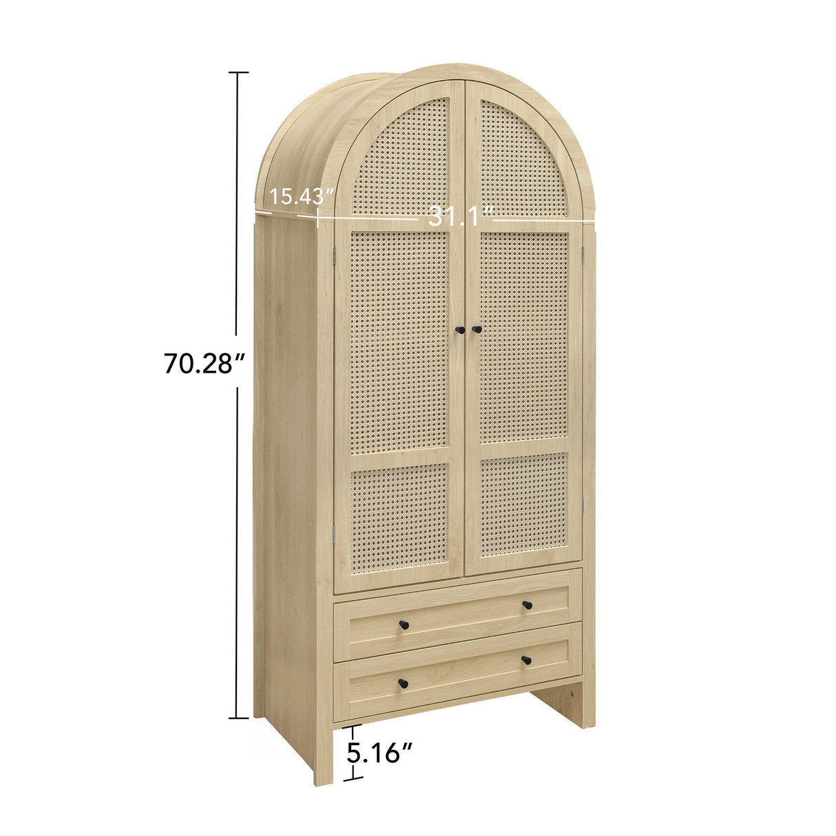 Tall Arched Kitchen Pantry, Arched Storage Display Cabinet With 2 Drawers & Adjustable Shelves, Rattan Door Versatile Storage Cabinet For Kitchen, Dining Room, Living Room - Natural