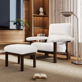 Modern Accent Chair With Ottoman, Mid Century Lounge Chair With Footrest, Comfy Fabric Armchair Upholstered Set With Solid Wood Frame For Living Room - White
