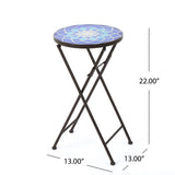 Outdoor Folding Accent Table With Glass Top And Iron Frame - White / Blue