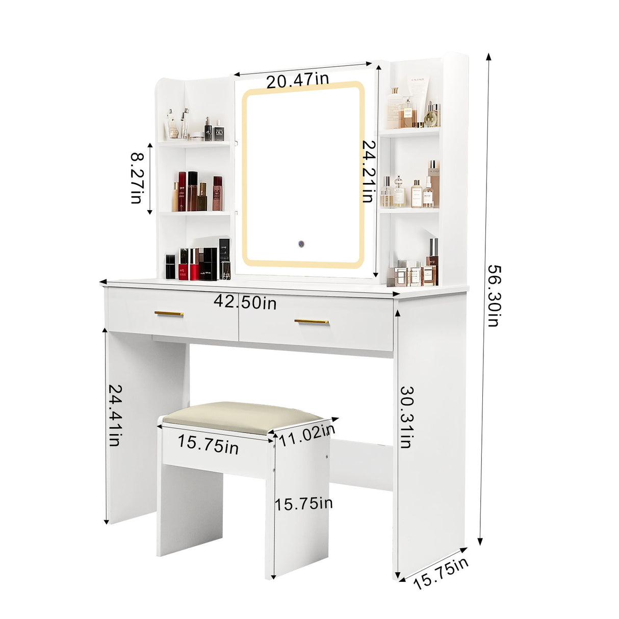 Vanity Desk With Mirror And LED Lights 3 Lighting Modes And Power Outlet 2 Spacious Drawers And Stool - White