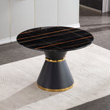 Marble Printed Round Dining Table - Black Columnar Base With Gold Annulus Not Including Chairs - Black