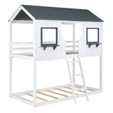 Twin Over Twin Bunk Bed With Roof, Window, Guardrail, Ladder