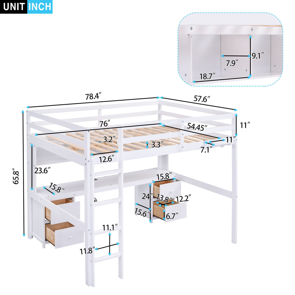 Full Size Loft Bed With Desk, Cabinets, Drawers, Charging Station And Bedside Tray, Sturdy Frame, No Box Spring Required - White