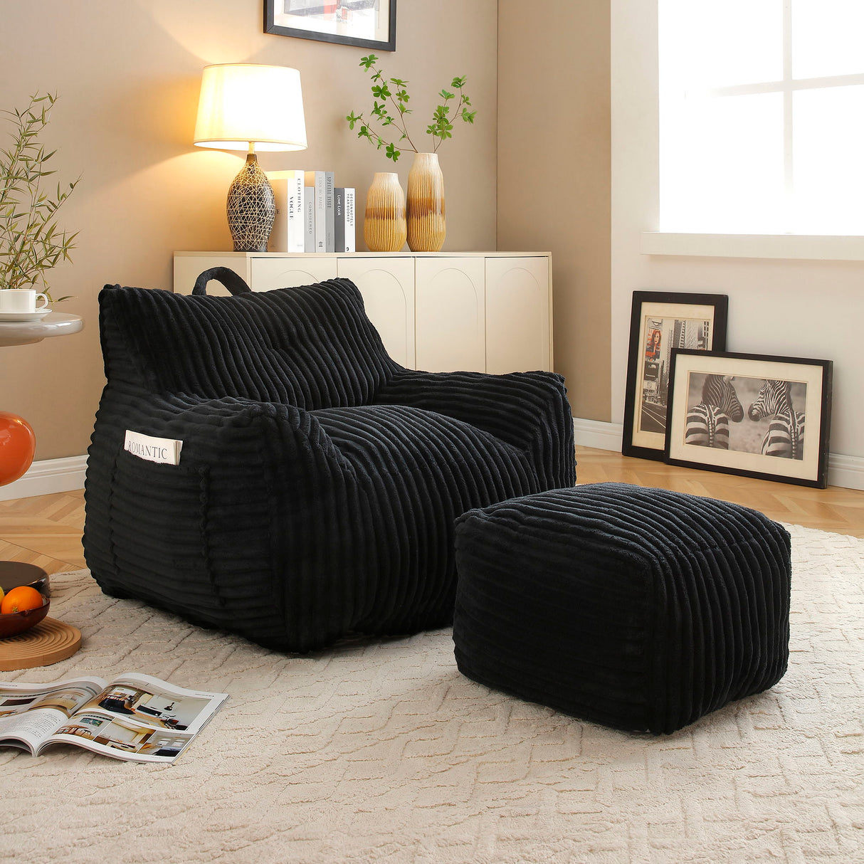 Giant Plush Bean Bag Chair With Armrests And Footstool