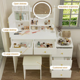 Fashion Vanity Desk With Mirror And Lights For Makeup And Cushioned Chair, Adjustable 3 Color Lighting - White