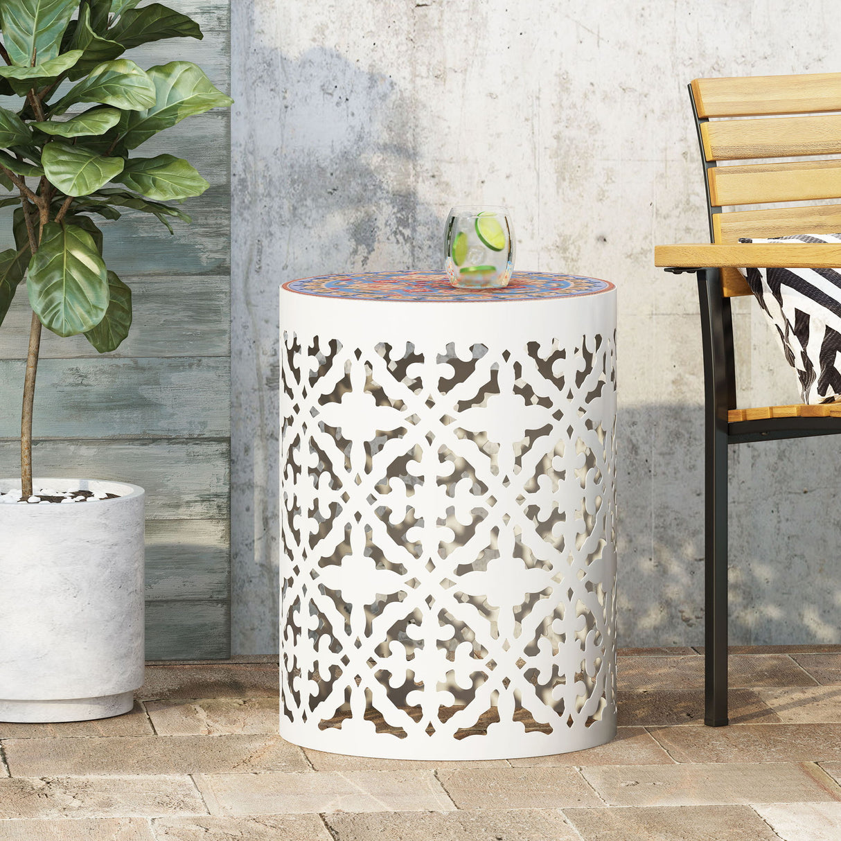 Airy - Outdoor Side Table With Lace Cut Design And Metal Frame