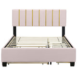 Upholstered Platform Bed With 2 Drawers And 1 Trundle, Classic Strip Headboard Design