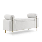 Elegant Upholstered Linen Storage Bench With Cylindrical Arms And Iron Legs, White