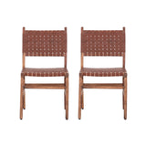 Rustic Wooden Dining Chair (Set of 2) With Genuine Leather Woven Upholstery - Brown