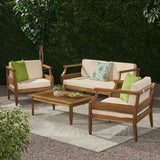 Alluvion - 4 Piece Wood Outdoor Patio Conversation Set With Cream Cushions - Teak / Beige