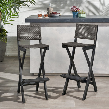 Outdoor Folding Acacia Wood Barstools With Rattan Backrest And Seat