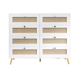 8 Drawers Chest Of Drawers With Rattan Drawer Face Golden Legs And Handles - White