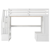 Full Size Loft Bed With Desk And Shelves, 2 Built In Drawers, Storage Staircase - White