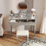 Luxury Vanity Desk With Round Mirror Height Adjustable Dressing Table Set Engineered Wood - Silver