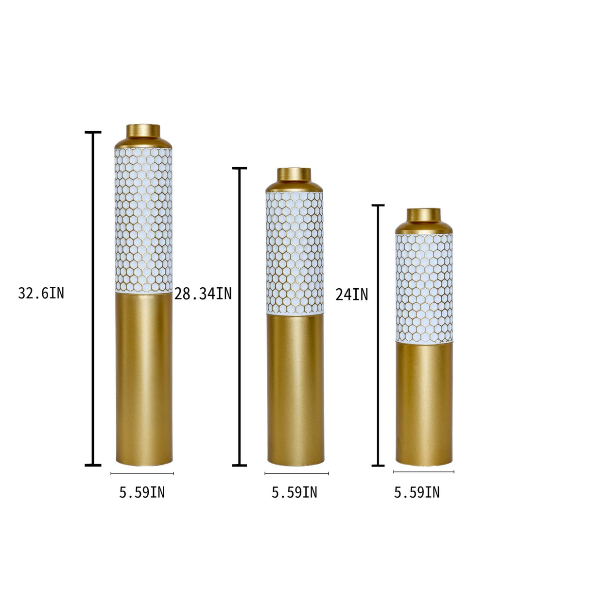 Modern Droplet Shaped Floor Vase Set Honeycomb Design, 3 Piece Metal Decorative Vases For Home Interior Display - Gold / White