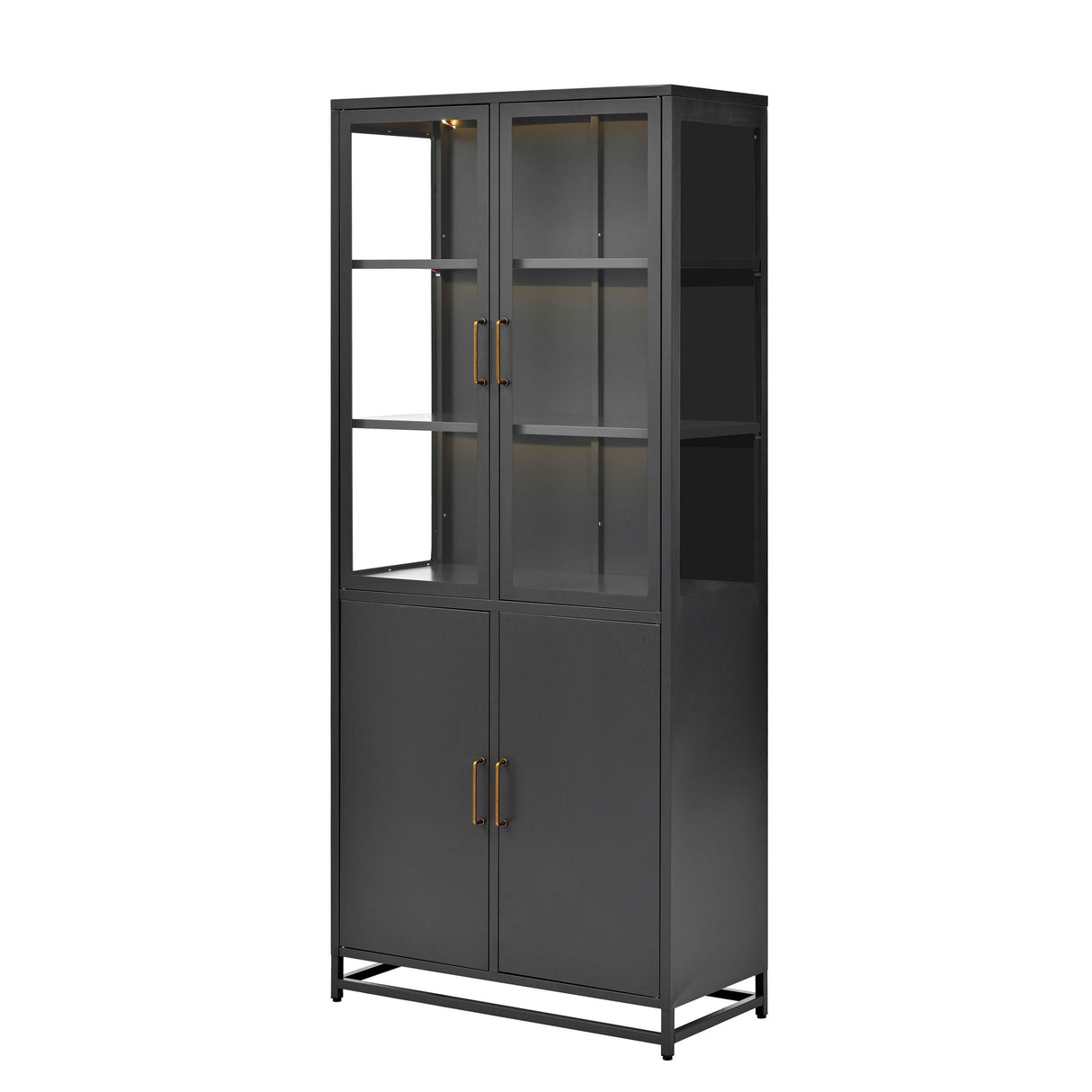 Modern Style Tall Steel Display Cabinet With Double Glass Doors, LED Lights