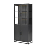 Modern Style Tall Steel Display Cabinet With Double Glass Doors, LED Lights