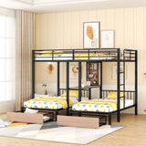 Triple Bunk Bed With Drawers, Multi-Functional Frame With Desks And Shelves In The Middle