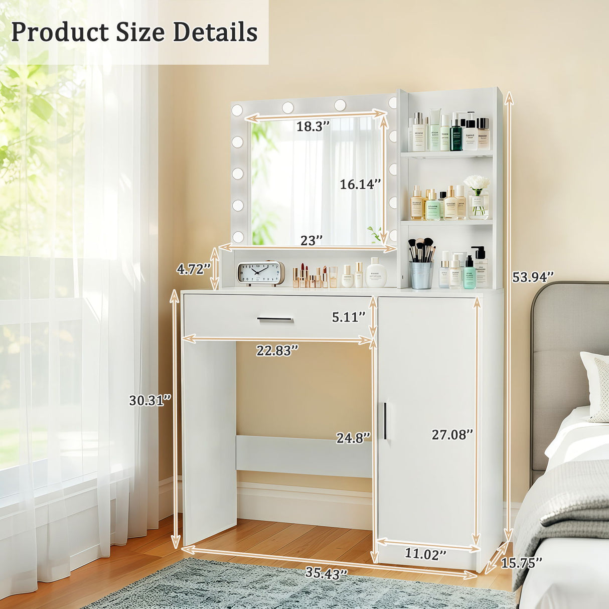 Vanity Desk With Mirror And Adjustable LED Lights, 3 Lighting Modes, Drawer And Storage Cabinet - White