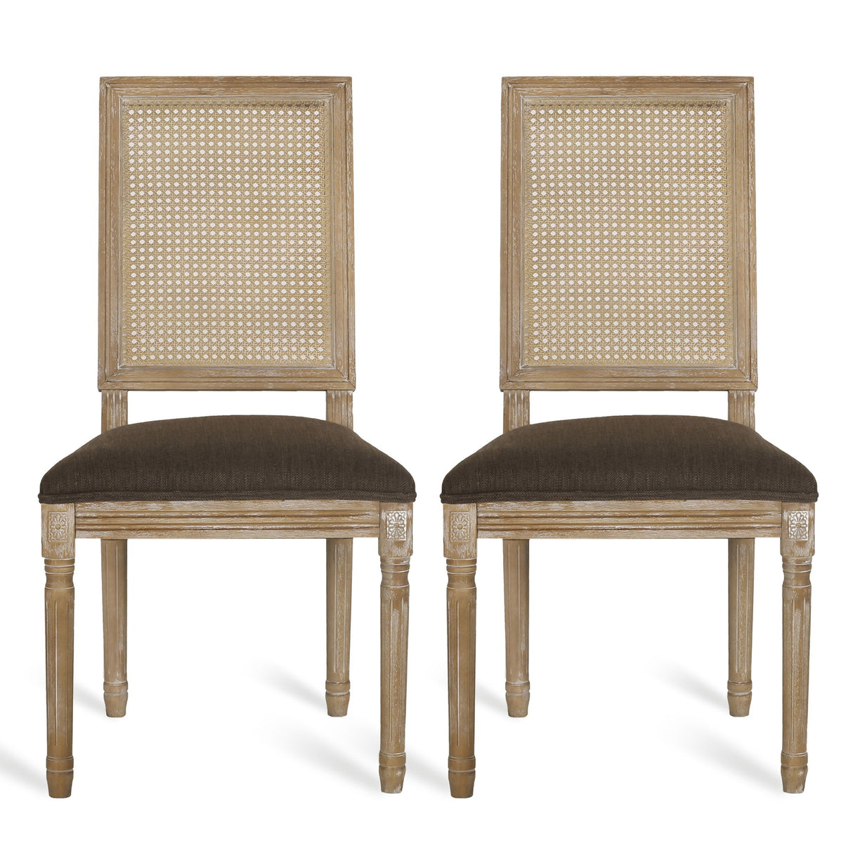 French Country Dining Chair With Rectangular Cane Backrest And Smooth Upholstered Seating