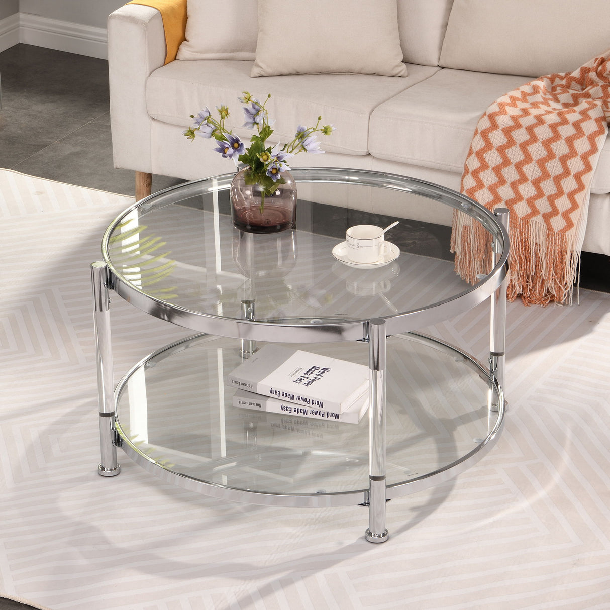 Contemporary Acrylic, Coffee Table, Round Tempered Glass Coffee Table - Chrome / Silver