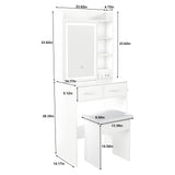 Space Saving Makeup Vanity Desk With Mirror & Adjustable Led Lights, Built-In Power Outlet, Hidden Storage, Includes Stool & Shelf - White