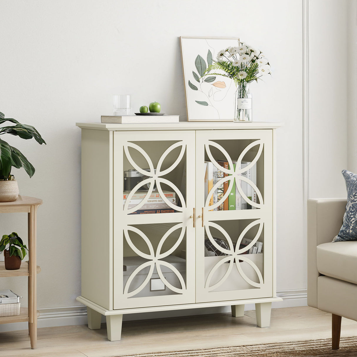 Modern Retro Sideboard Buffet Storage Cabinet With Adjustable Shelves And Tempered Glass Doors - Cream Color