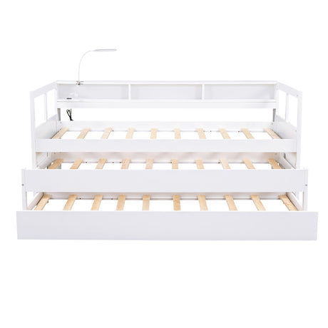Daybed With 2 Trundles, 3 Storage Cubbies, Built In USB Charging Light