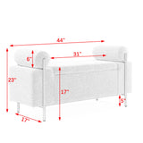 Elegant Upholstered Linen Storage Bench With Cylindrical Arms And Iron Legs, White