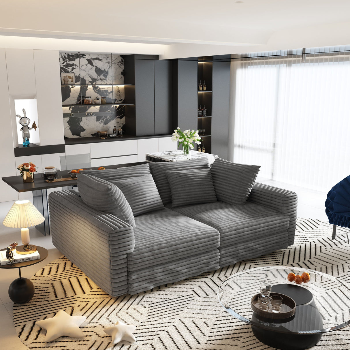 Plush Corduroy 4 Seat Sofa, Modern Comfy Upholstered Sofa Cloud Couch, Deep Seat Couches With Soft Pillows