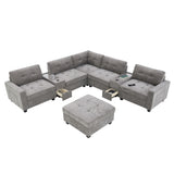 Sectional With Acrylic Table Top U Shaped Couch Set With 2 Consoles USB Charger, Storage Drawers And Pockets Movable Ottoman Tufted Sofa