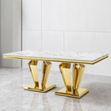 79.53 In. Elegant Marble Pattern Dining Table For 6 Or 8 Seats Polished Stainless Steel Base - Gold