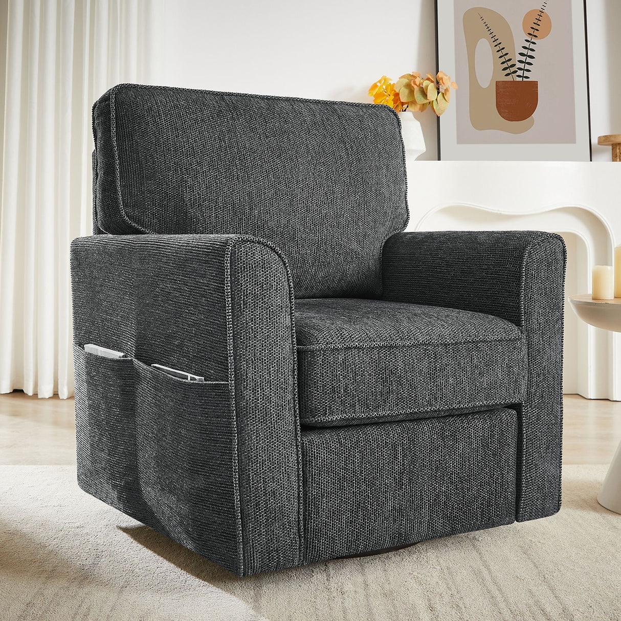 360° Swivel Accent Barrel Armchair With Side Pockets, Compact Design