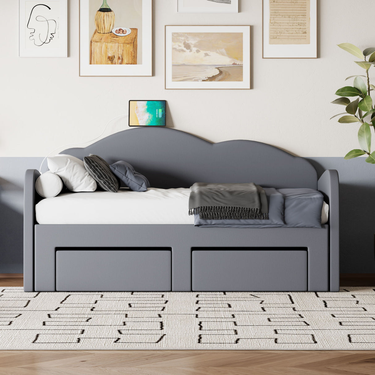 Upholstered Daybed With Cloud-Shaped Backrest, Trundle & 2 Drawers And USB Ports