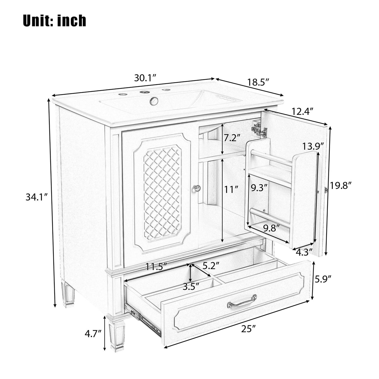 Vintage Style Bathroom Vanity With Sink, Multi Functional Storage, Soft-Closing Door