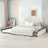 Queen Platform Bed With Twin Trundle And 2 Storage Drawers - Beige
