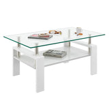 Modern Rectangular Coffee Table With Tempered Transparent Glass Top And Storage Shelf
