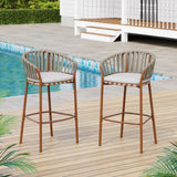 Lodi - Outdoor Matal Rope Barstool, Teak / Beige (Set of 2) - Teak / Beige