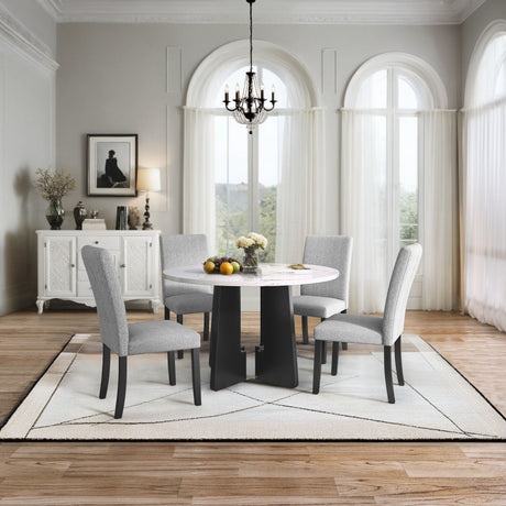 5 Piece Round Dining Table Set, Dining Table And 4 Upholstered Chairs For Dining Room, Kitchen Room, Living Room - White / Gray