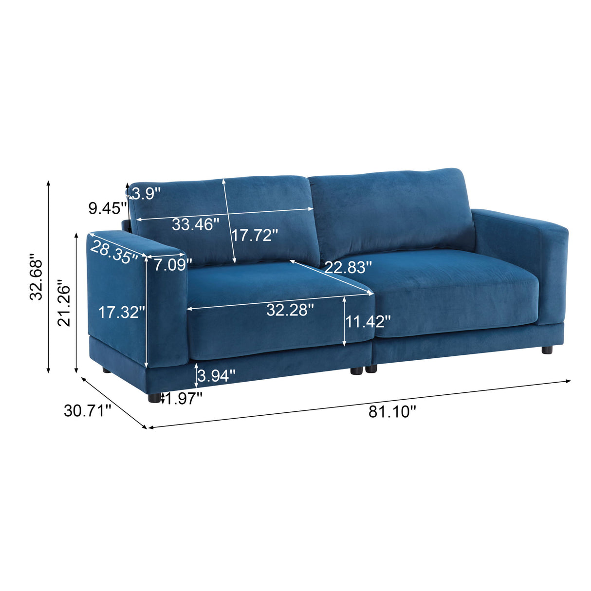 Modern Square Arm Sofa With Soft Fabric Upholstery, Deep Cushions