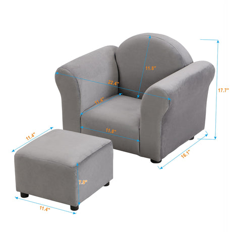 Kids Velvet Upholstered Chair With Ottoman For Comfortable Seating - Gray