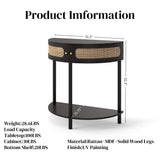 Boho Rattan Semi Circle End Table With Sliding Rattan Door, Storage And Bottom Shelf