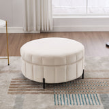 Upholstered Round Ottoman With Reversible Lid, Channel Tufted Pumpkin Shape