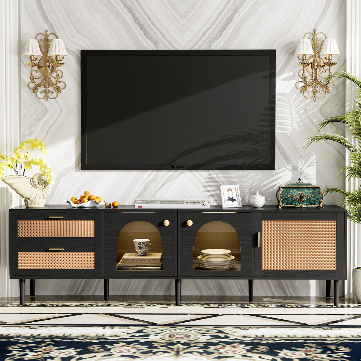 Rattan TV Stand With 3 Cabinets & 2 Drawers, Rattan-Inspired Media Console Table For Tvs Up To 80'', LED Light Entertainment Center, TV Cabinet For Living Room - Black