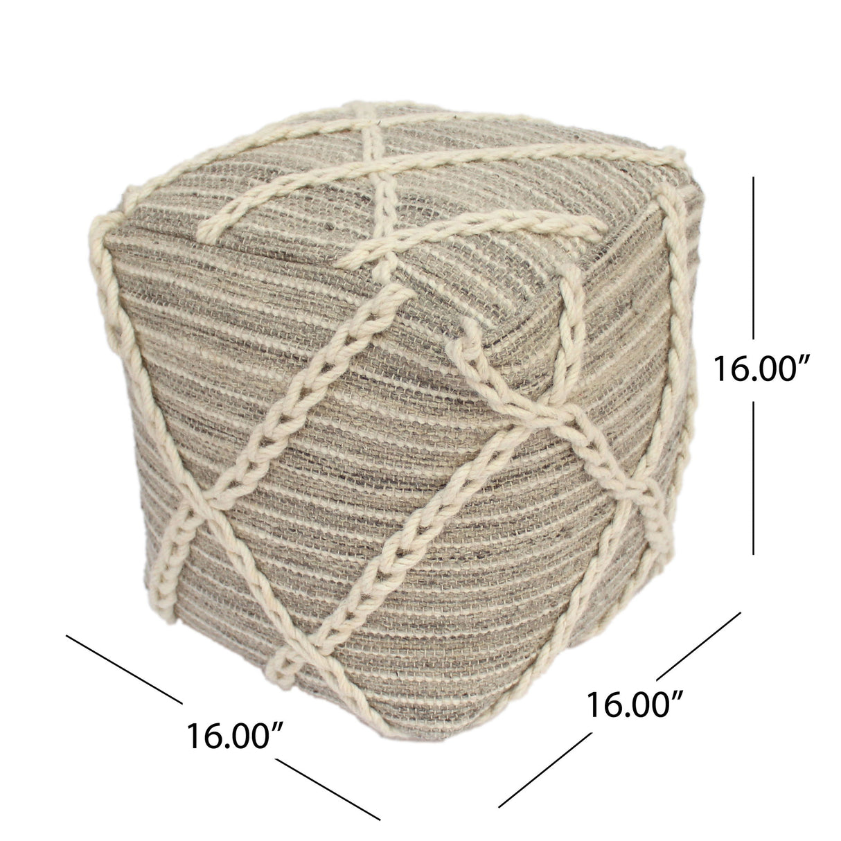 Modern Wool Rope Square Pouf Ottoman Floor Cushion - Gray / Ivory