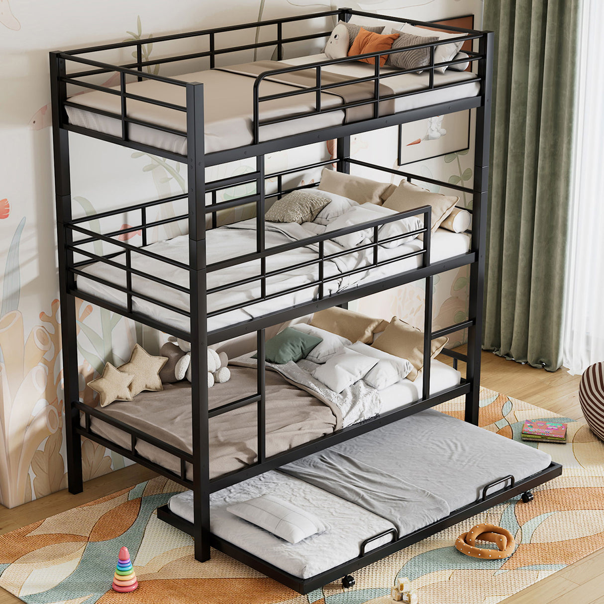 Triple Bunk Bed With Trundle, Heavy Duty Steel Construction